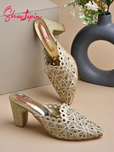 Image of Shoetopia Women's & Girl's Party Ethnic Block Heels Mules Sandals Design, Comfortable Casual & Party Footwear