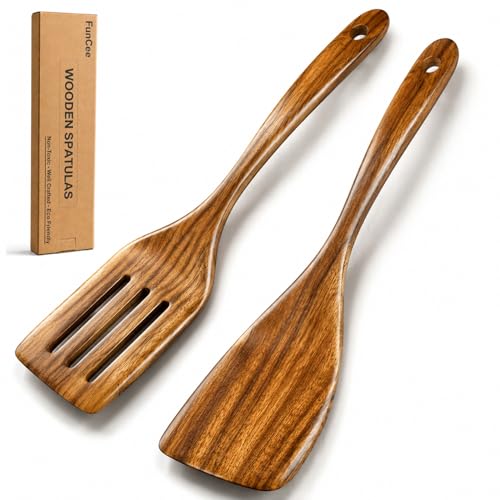 2 Pack Wooden Spatula, Acacia Wood Long Handle Flat Frying Turner, Handmade wooden spoons for cooking, Kitchen Utensil set, Non-Stick Cooking Spurtle Utensils for kitchen use