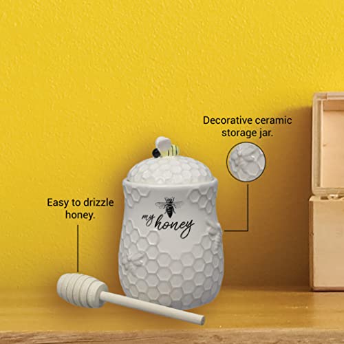 Young's Inc. Ceramic Honey Jar with Lid and Wooden Honey Dipper - Farmhouse Kitchen Decor - Tea Accessories - Thumbnail 7