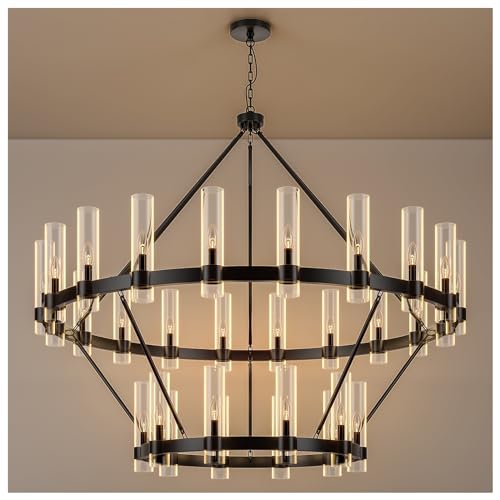 AEULYTIR 60 Inch Black Wagon Wheel Chandelier 2 Tier with Glass Shade, 30 Lights, Modern Farmhouse Style, Ideal for Dining Room, Kitchen, Entryways by AEULYTIR - Used condition - US$791.87