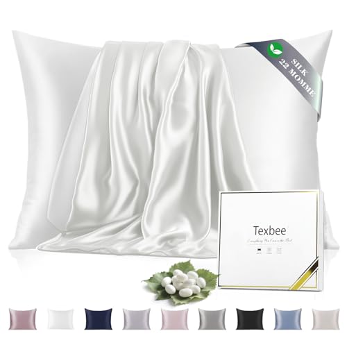 Texbee Silk Pillowcase 22 Momme Mulberry Silk Pillowcases for Hair and Skin Health Soft Smooth Breathable Cool Satin Pillow Case for Beauty Sleep with Gift Box 1pc (50x75 cm Ivory White)