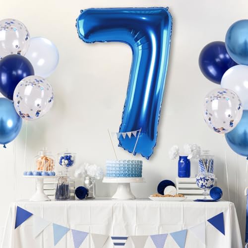 Image of 7 Balloon Number Dark Blue, Big Number 7 Mylar Balloon Pastel Navy Blue with Metallic Silver Confetti Balloon for Boys 7th Birthday, Foil 40'' Self Inflating Balloon 7 for Anniversary Party Decoration