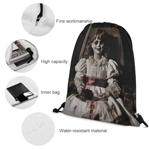 Reusable Scary Horror Doll Black Drawstring Bag, Women and Men Waterproof Casual Draw String Back Bag for Picinc, Hiking, 13.8x16.5 Inch Sturdy Drawstring Backpack4