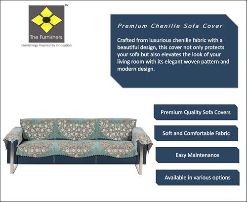 Image of Premium Chenille Woven Anti-Slip 3 Seater Sofa Cover with Arm Rest | L-Shape Sofa Seat Protector for Living Room | Durable & Stylish Slipcover - Teal Phoolkari