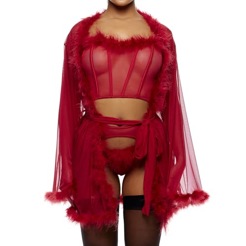 Lingerie femme Forplay Bare It All ensemble nuisette maille et marabout noir