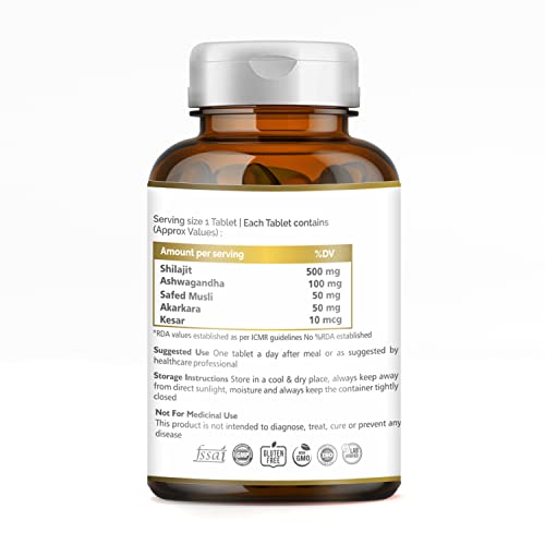 Shilajit Original Capsules with Ashwagandha,Safed Musli,Akarkara,Kesar | Purified Kashmiri Shilajeet Gold Capsule | For Men & Women, 500mg - 60 Count