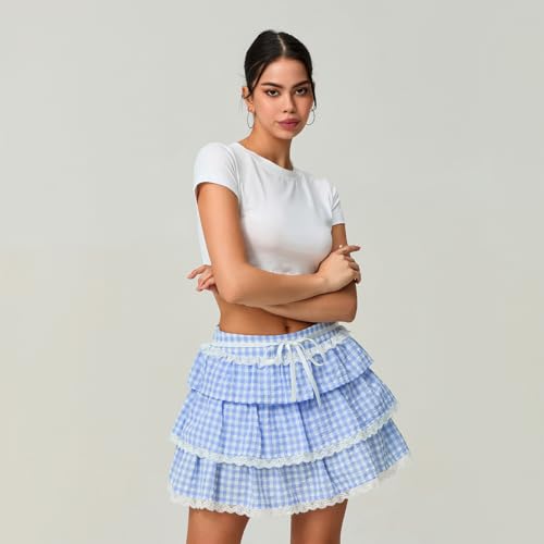 Women's Summer Y2K Gingham Skirt Plaid Ruffle Low Waist A-Line Mini Skirts with Lace Hem for Going Out Dress2