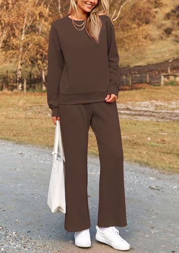 Image of PRETTYGARDEN Womens 2025 Fall 2 Piece Outfits Long Sleeve Pullover Tops Wide Leg Pants Matching Lounge Sets Fashion Clothing