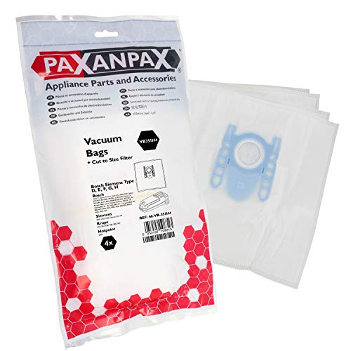 Paxanpax VB351H4 Compatible SMS Bags & Filter Kit Bosch Siemens 'Type D, E, F, G, H' Activa, Alpha, Kids & Fun, Super VS Series (Pack of 4+1)