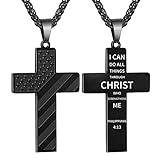 DuoDiner Black Cross Necklace for Boys Men Pendant Chain Stainless Steel American Flag Philippians 4 13 Bible Verse First Communion Religious Jewelry Gift