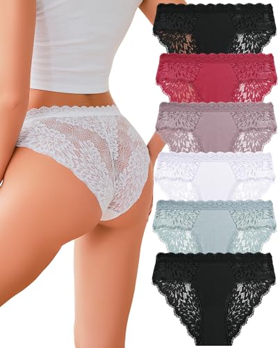 ALL OF ME Sexy Underwear for Women Lace Bikini Panties Low Rise Cotton Hipster Stretch Ladies Cheeky Panty 6 Pack