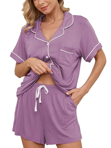 Image of Yoolfine Womens Pajama Sets Short Sleeve Sleepwear Soft Button Down Nightwear Lounge Pj Set XS-XXL
