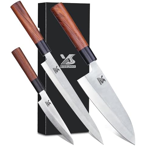 MSY BIGSUNNY Set of 3pcs Sashimi Knives Stainless Steel Sushi Knives Fish Slicing Knife Set Cover