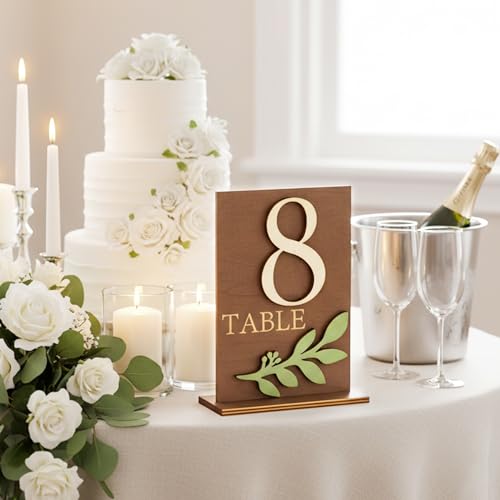 Image of Wedding Table Numbers 1-15 with Holders, Elegant Wood Table Numbers with Eucalyptus Leaves for Wedding Reception, Centerpiece Decoration, Event, Party