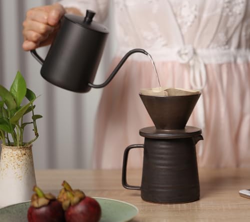 Image of Stoneware Handmade Pour Over Coffee Maker Set, Ceramic Coffee Cone Dripper & Decanter, Pottery V60 Filter Brewer & Coffee Pot, Annular Vein Retro Metallic Black Glazed 16oz