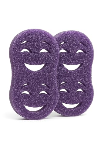 Image of Smilyeez Double-Size Scrub Moji Sponge 2-Pack - Dual Smiling Faces, Temperature-Responsive Scrubber - Scratch-Free, Odor & Stain Resistant - Purple