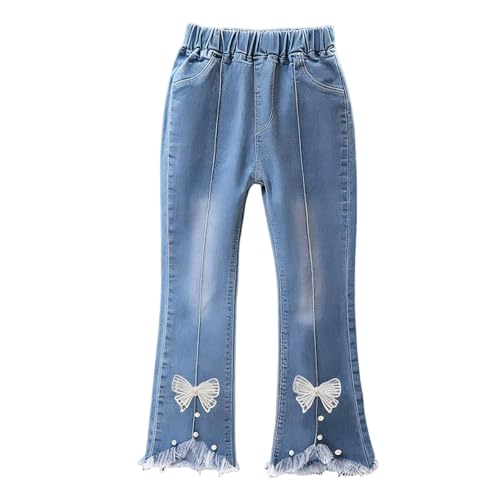 Toddler Girls 3D Bow Raw Hem Flare Jeans - Casual Stretchy Elastic High Waisted Bell Bottom Cute Denim Pants for 2-13 Years