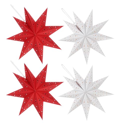Yardenfun Faroles de Papel Plegables Forma de Estrella de 9 Puntas 4 Piezas 2 Rojos 2 Blancos Pantalla Colgante para Lámpara y Decoración Navideña Adecuado para Bodas Cumpleaños y