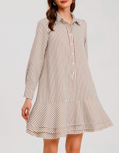 Ladyful Long Sleeve Striped Shirt Mini Dress for Women Button Down Ruffle Tiered Drop Waist Shift Tunic Short Dress2