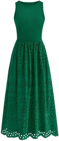 dowerme Women Summer Dresses 2025 Casual Sleeveless Crewneck A-Line Boho Lace Eyelet Cotton Tank Maxi Dress with Pockets