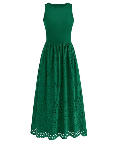 dowerme Women Summer Dresses 2026 Casual Sleeveless Crewneck A-Line Boho Lace Eyelet Cotton Tank Maxi Dress with Pockets(Green,Small)