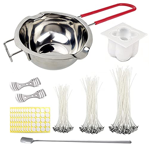 Murlancra Juego de Accesorios para Hacer Velas con 150 mechas para Velas, 200 Pegatinas para mechas, 2 Soportes fijos, 1 Cacerola para fundir, 1 Cuchara para Mezclar y 1 Forma de Vela 3D Cover