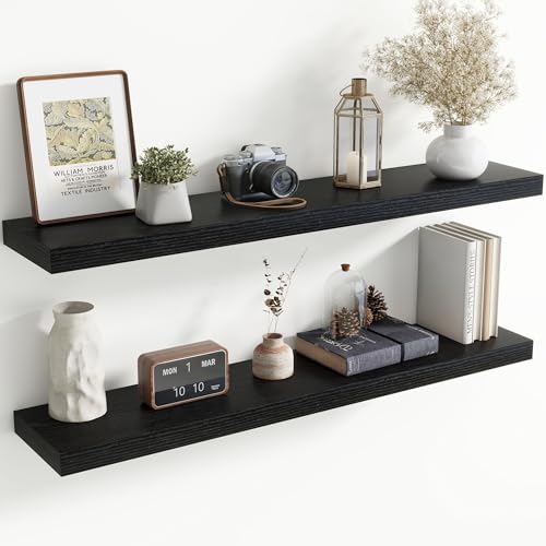 Image of 48 Inch Floating Shelves for Wall, 8 Inch Deep Floating Shelf for Storage & Display, Rustic Wall Mounted Shelf with Invisible Brackets for Living Room, Kitchen, Bathroom, Home Decor, Set of 2, Black