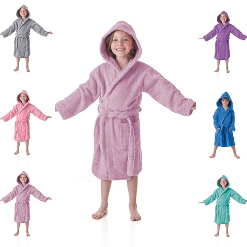 DHESTIA HOME - Albornoz Niños, Niñas y Adolescentes de 100% Algodón Natural, con Capucha y Bolsillos - Color LILA, Talla Talla 6/8 Años