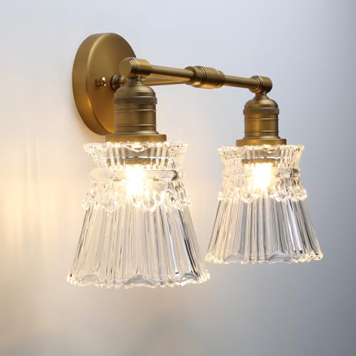 Pathson 2-lumières Vintage Industriel Applique Murale E27 Luminaires Intérieur Abat-jour en Verre à Rayures Pétales Lampe Murale pour Salon,Chambre, Salle à Manger,...