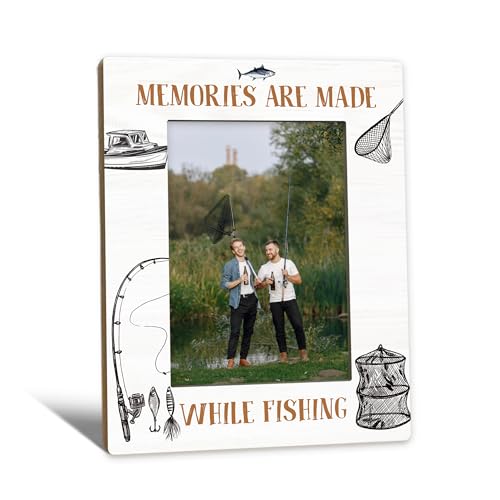 Beliran Fishing Picture Frame 5x7, Holiday Decor Photo Frame, FishingGifts for Fisherman Friends Men Dad Grandpa, Memories are Made While Fishing Wooden Picture Photo Frames for Desk Home Room Decor