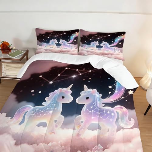 Image of Rainbow Unicorn Comforter Set Twin Size 3D Colorful Stars Cloud Bedding Sets for Boys Girls Kids Teens Bedroom Cartoon Kawaii Animal Quilt 1 Comforter 1 Pillowcase