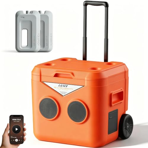 52L Wheeled Cooler with Bluetooth Speaker 84 Hours Ice Retention Hard Cooler Portable Retractable Handle Ice Chest for Outdoor Travel Camping Beach