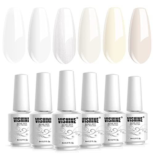 Vishine Lote de 6 esmaltes semipermanentes de color blanco lacado, esmalte semipermanente natural, gel Milky White Nail Art Gel Gel blanco UV LED Soak Off Esmalte Manicura de 8 ml Cover