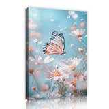 ロマンチックな春のシーンキャンバスプリント蝶とヒナギクの花絵画壁アートロビールームホテル寝室廊下ホームデコレーション20x28cmインナーフレーム