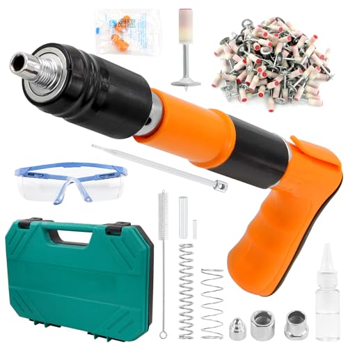 BEASAFY Pistola de clavos con 200 clavos redondos, pistola de clavos manual de acero ajustable de 5 velocidades, juego de clavadoras de hormigón para carpintería doméstica para acero y hormigón