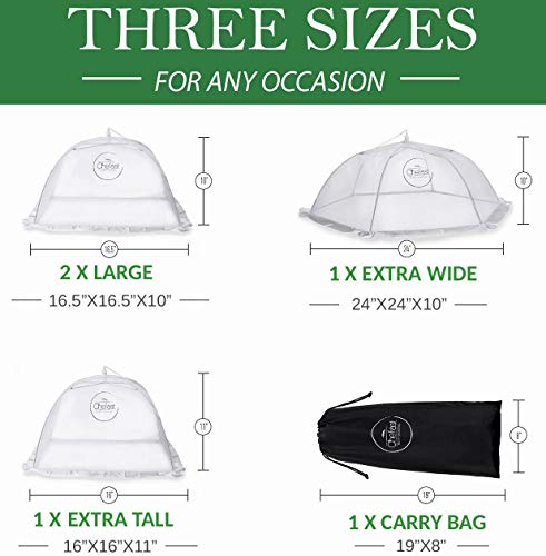 Chefast Food Cover Tent (4 Packs) - Pop Up Mesh Covers in 3 Sizes with Reusable Carry Bag - Protect Foods from Fruit Flies - Great for Picnics and Outdoor BBQ