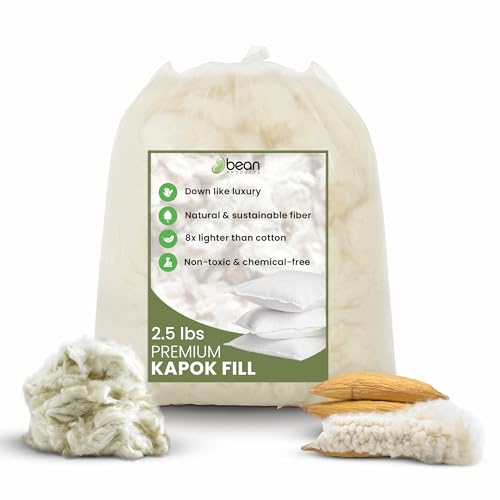 Bean Products Premium Kapok Fill | 2.5 lbs | 100% Organic Kapok Fiber | Chemical Free and Hypoallergenic | Perfect for Pillows, Pet Beds, Couches & More | Made in USA