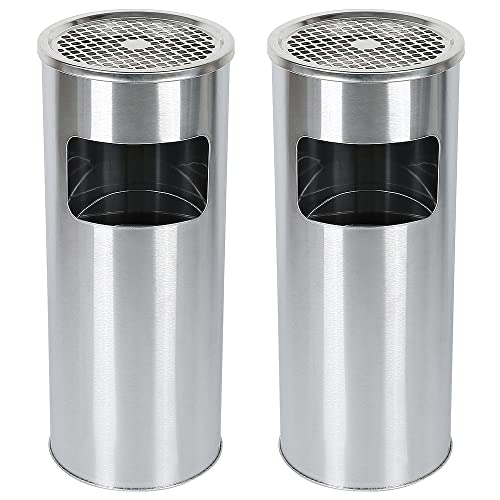 2in1 Edelstahl Standaschenbecher mit Mülleimer, 30 Liter, Entnehmbarer Inneneimer, Stand Aschenbecher für Draussen Außen, Windaschenbecher für Eingangsbereich, Hotel (Silber, 30L, 2PCS)