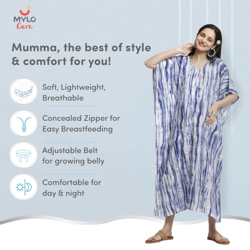 Image of Maternity Dress for Women with Breastfeeding Zippers | Kaftan Dress | Adjustable Belt for Growing Belly | Feeding Dress for Pre & Post Pregnancy