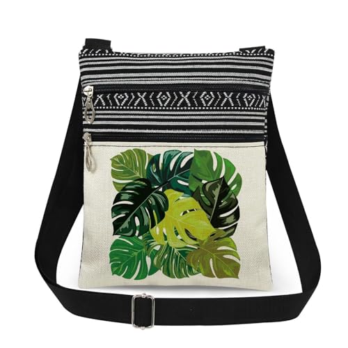 Bolsa tiracolo com estampa de folha com zíper, colorida, única, pequena bolsa de flores para mulheres, bolsas de mão criativas para telefone, Destaque Monstera neutro, Moderno
