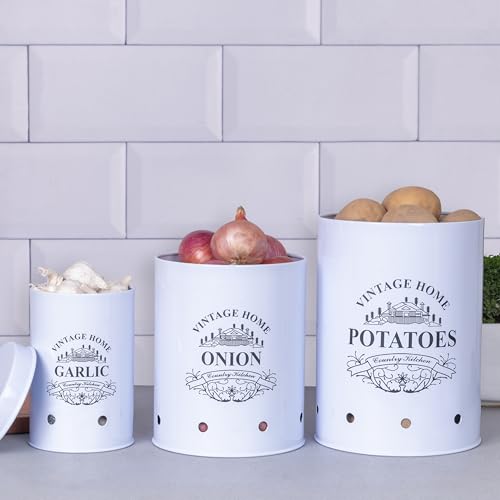 Image of Metallure Home Round Classic Kitchen Storage Containers | Set of 3 Metal Jars With Lid | Potato, Onion & Garlic (Food Safe) (White)