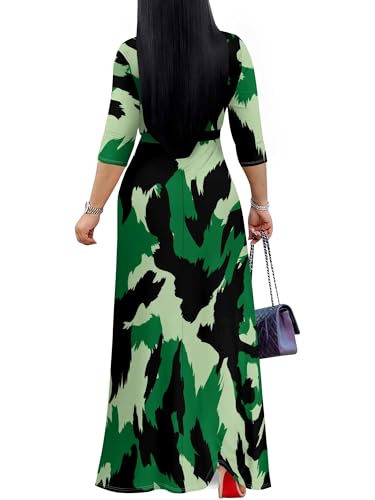 Image of Plus Size Dresses for Women Print Maxi Dresses 3 /4 Sleeve with Belt
