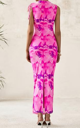 PRETTYGARDEN Women's Summer Maxi Floral Dresses Ruched Bodycon Sleeveless Mesh Formal Wedding Guest Cocktail Split Long Dress
