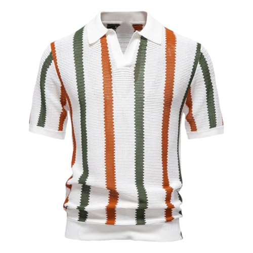 Rfmfkkg Men's Ribbed Knit Polo Shirt for Breathable Striped Tee Casual Wear with Comfortable Short Sleeve