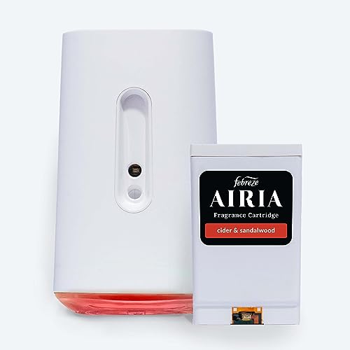 NEW-AIRIA by Febreze, Smart Scent Diffuser Starter Kit–WiFi & App Controlled-Aromatherapy-Ideal for Bedrooms & Living Rooms-Warm Cider & Spicy Woods 1 Air Freshener & 1 Fragrance Cartridge(1 FL Oz)
