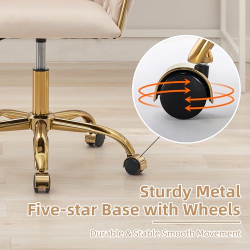 ABET Desk Chair, Comfy Velvet Swivel Armchair with Wheels, Modern Velvet Gold Accent Rolling Chair, Upholstered Hand Woven Makeup Vanity Chair Height Adjustable for Women Girls Home Office, Beige
