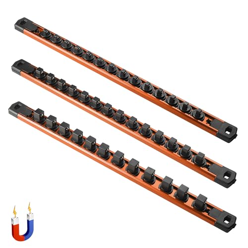 Image of ALOANES Magnetic Socket Organizer Set, 3-Piece Heavy Duty Aluminum Socket Rails, 360 Swivel Clips Socket Rail Kit for Tool Tray Drawer Fit 1 /2, 3 /8, 1 /4-Inch x 40 Clips (Orange, 3PC)