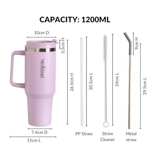 Image of Nestasia GripSip40 Tumbler with Straw & Side Handle 1.2L | Insulated Stainless Steel Sipper Water Bottle for Adults with Dual Flip Opening Sip-Swig Leakproof Lid for Office & Gym (Lilac Haze)