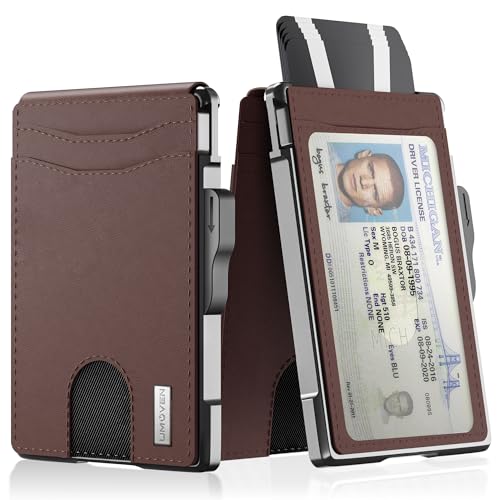 Image of umoven Wallet for Men - Slim Leather RFID Blocking Bifold Minimalist Wallet with Metal Pop-Up Card Holder, Money Clip, Credit Card Slots - Men's Wallet, Chocolate Brown