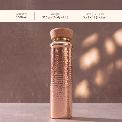 Image of P-TAL Premium Handcrafted Copper Water Bottle (1L) | Cork Cap & Smooth Silent Lid | Ayurvedic Tamra Jal Bottle